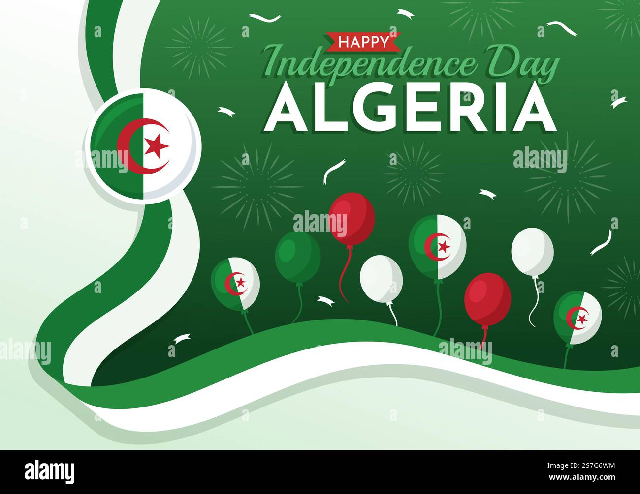 Felice Algeria Independence Day Vector Illustration con la bandiera ondeggiante in Cartoon piano disegnata a mano Landing Page Green background Templates Illustrazione Vettoriale