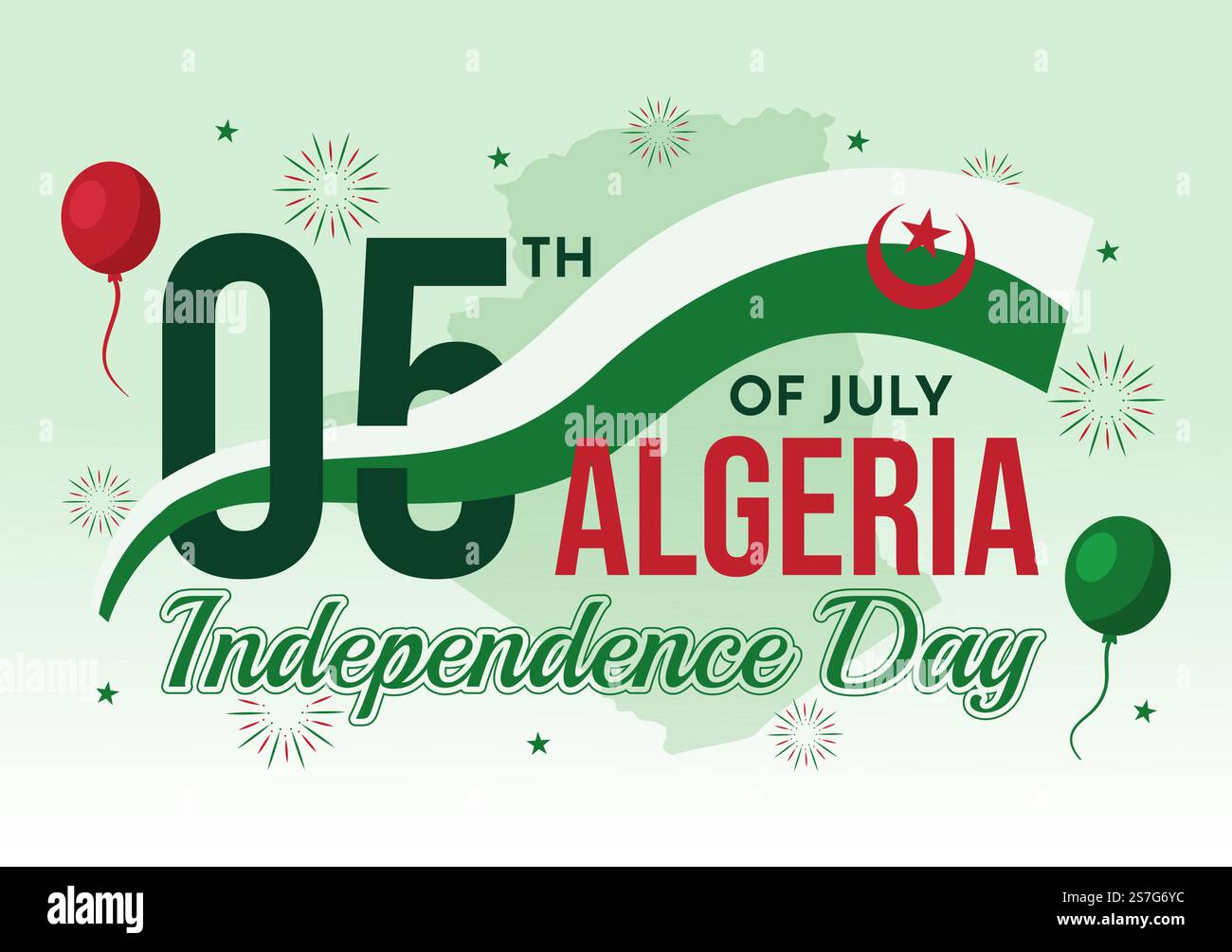 Felice Algeria Independence Day Vector Illustration con la bandiera ondeggiante in Cartoon piano disegnata a mano Landing Page Green background Templates Illustrazione Vettoriale