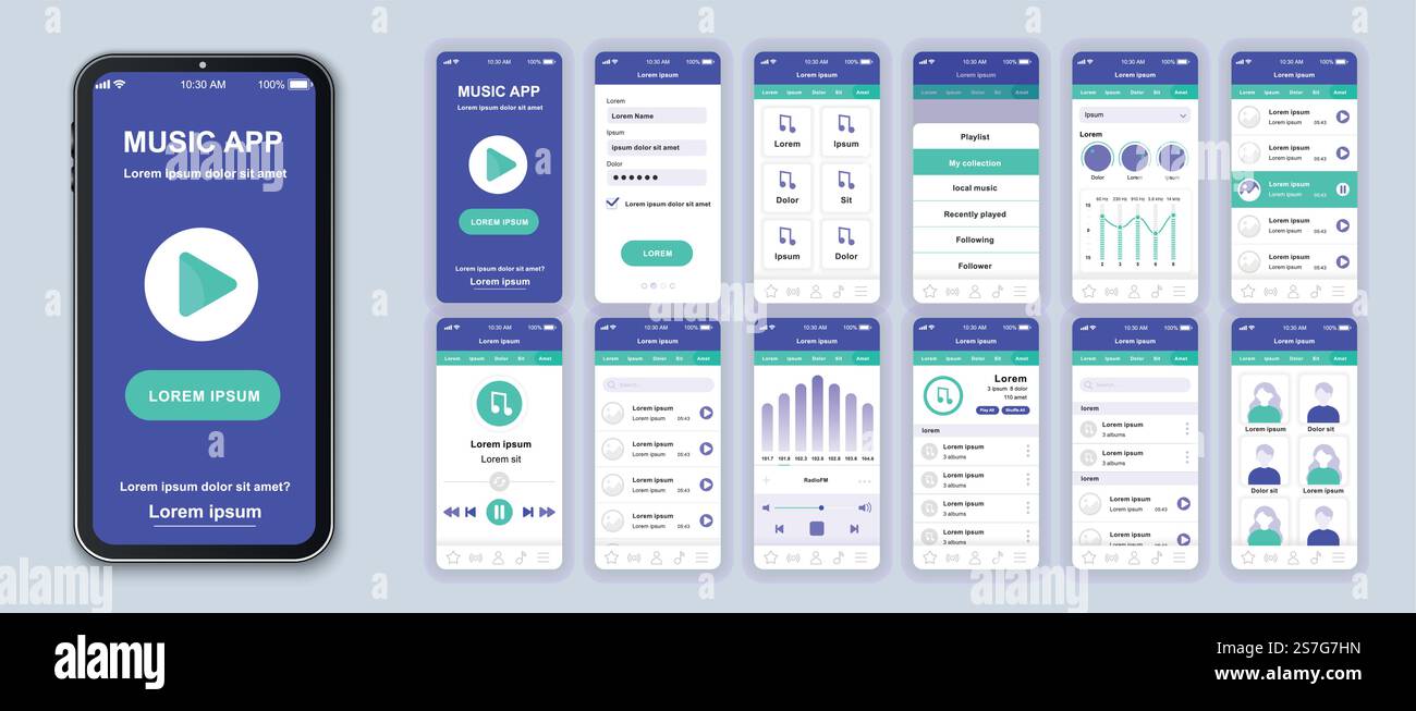 Set di modelli vettoriali per il design dell'interfaccia dell'app mobile Music. Album musicali. Playlist audio online. Kit layout pagina Web smartphone . Pacchetto di schermate UI, UX, GUI per l'applicazione. Display telefono Illustrazione Vettoriale