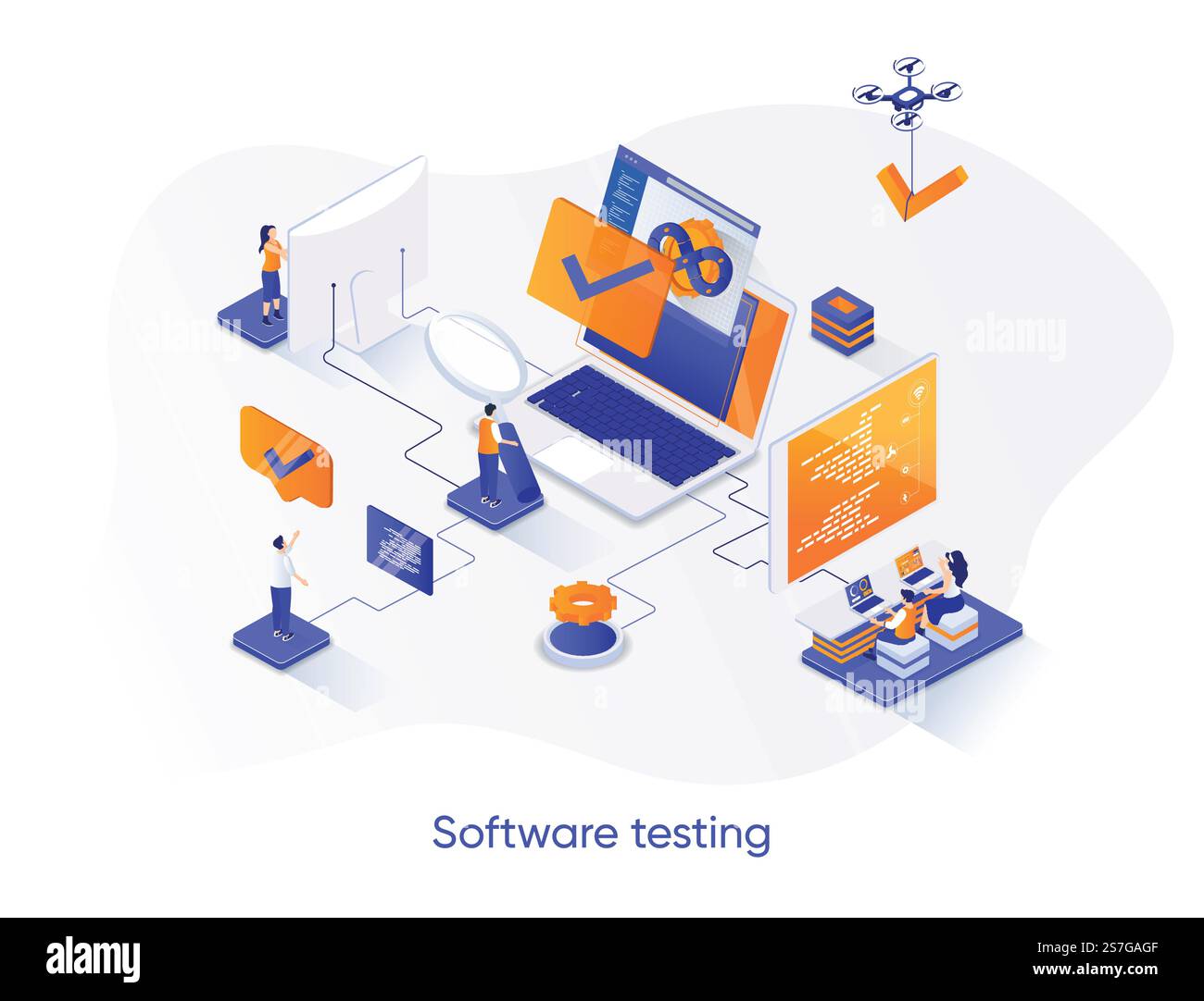 Banner Web isometrico per l'esecuzione dei test del software. Concetto di isometria per il debug del software e il controllo della qualità. La ricerca di bug e l'analisi elaborano la progettazione di scenografie 3D. Illustrazione vettoriale con caratteri persone. Illustrazione Vettoriale