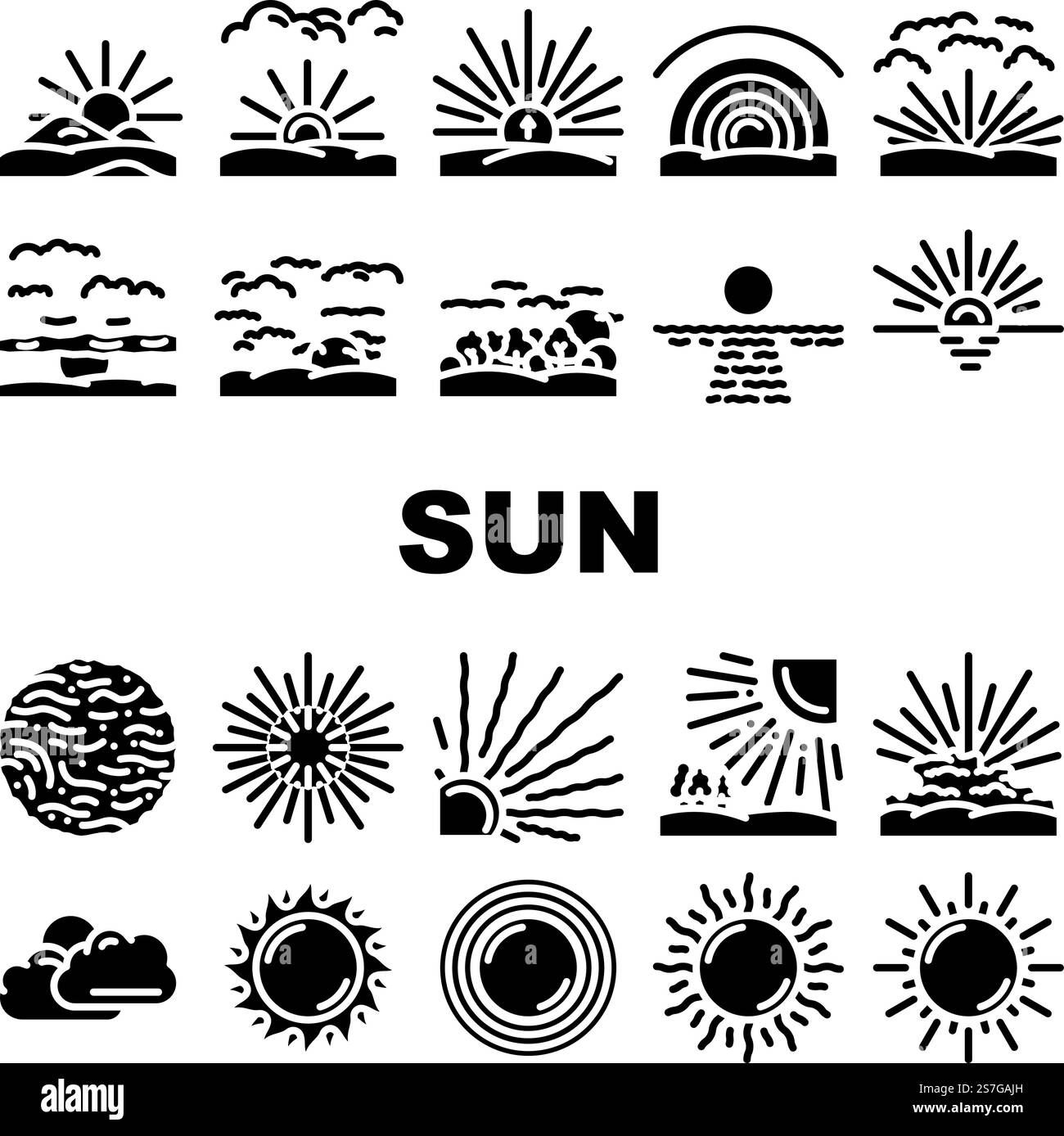 le icone della luce solare estiva diventano vettoriali. elemento di luce del sole, tempo all'alba, calore solare, luce calda, caldo caldo caldo, caldo caldo, natura sole estate luce solare glifo luce pittogramma illustrazioni. le icone della luce solare estiva diventano vettoriali Illustrazione Vettoriale