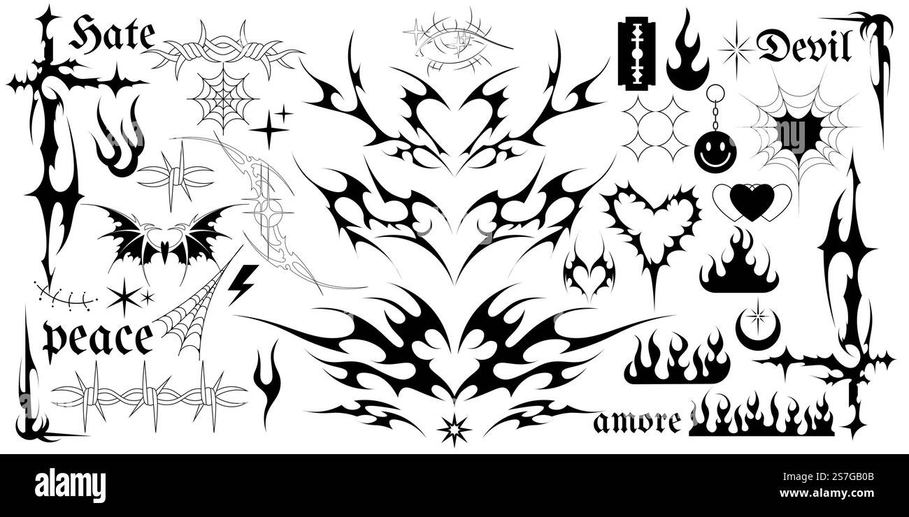 Tatuaggio Y2K. Collezione di adesivi con fiori di cuore, fiamma e rosa gotica, farfalla e filo metallico in stile anni '90. Catena astratta Angel e ragno, gotico nero Illustrazione Vettoriale