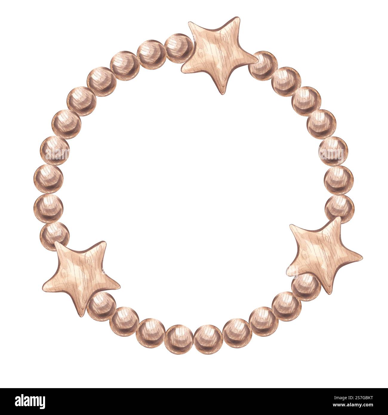 Telaio a corona rotonda in sfere di legno perline, stelle. Collezione GNOME di Natale e Capodanno. Elemento per la progettazione della composizione. Disegna a mano l'acquerello Foto Stock