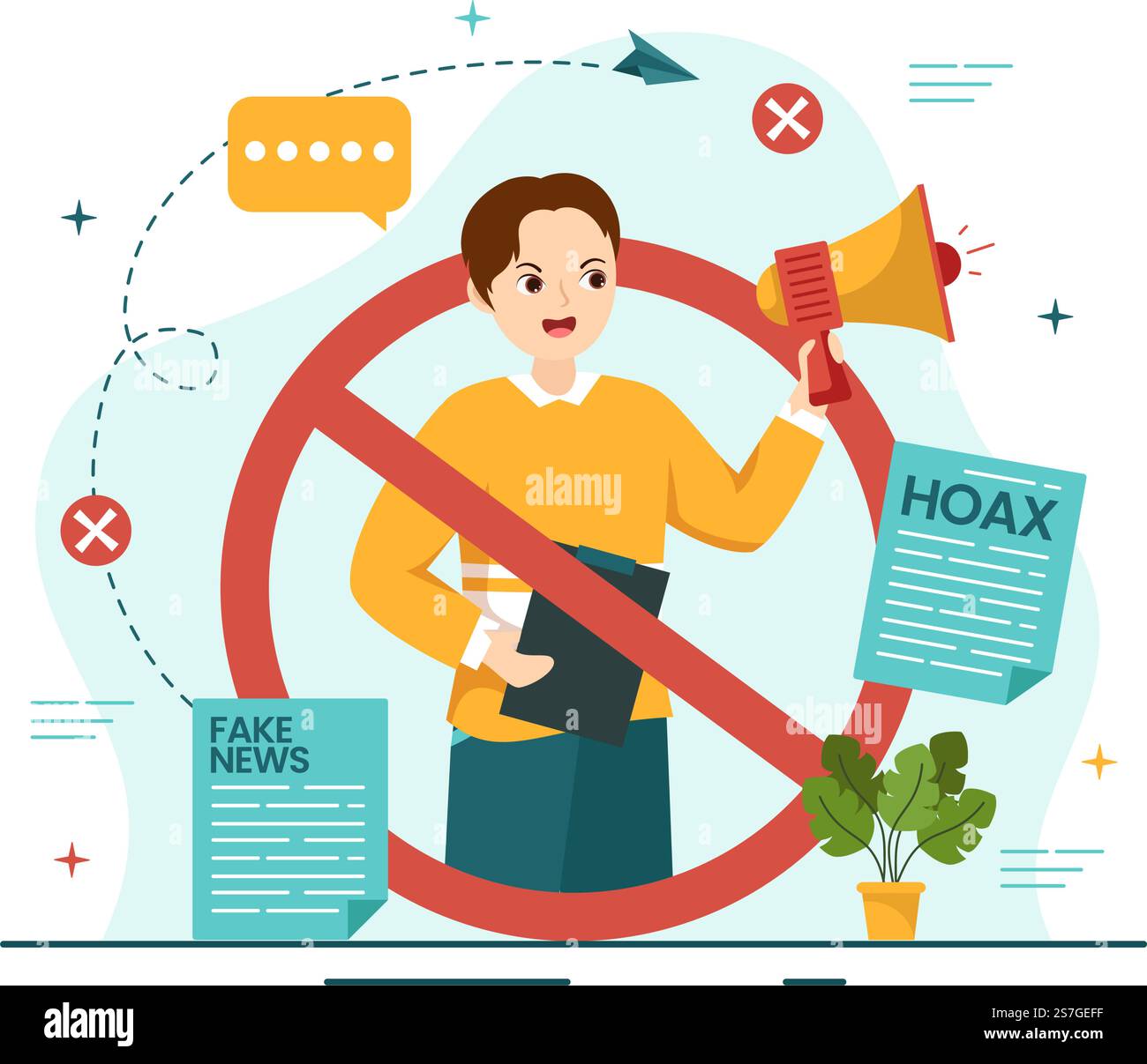 Illustrazione vettoriale del controllo dei fatti con miti vs Notizie dei fatti per il controllo approfondito o il confronto delle prove in modelli di landing page disegnati a mano su cartoon piano Illustrazione Vettoriale