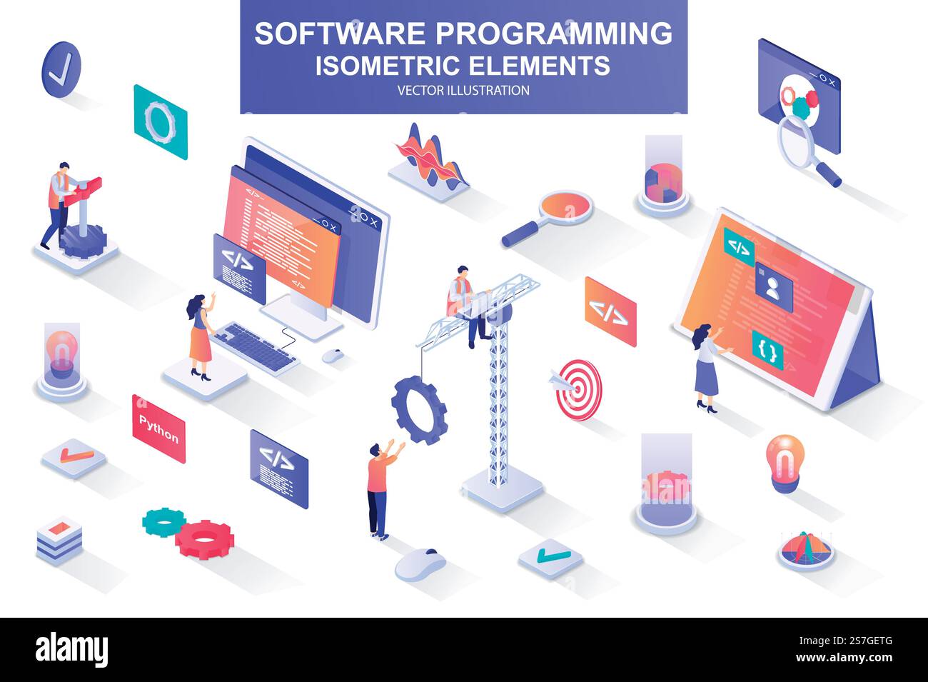 Pacchetto di programmazione software di elementi isometrici. Linguaggi del programma, sviluppatore, progettazione software, sviluppo back-end icone isolate. Kit di illustrazione vettoriale isometrica con caratteri persone. Pacchetto di programmazione software di elementi isometrici. Illustrazione Vettoriale