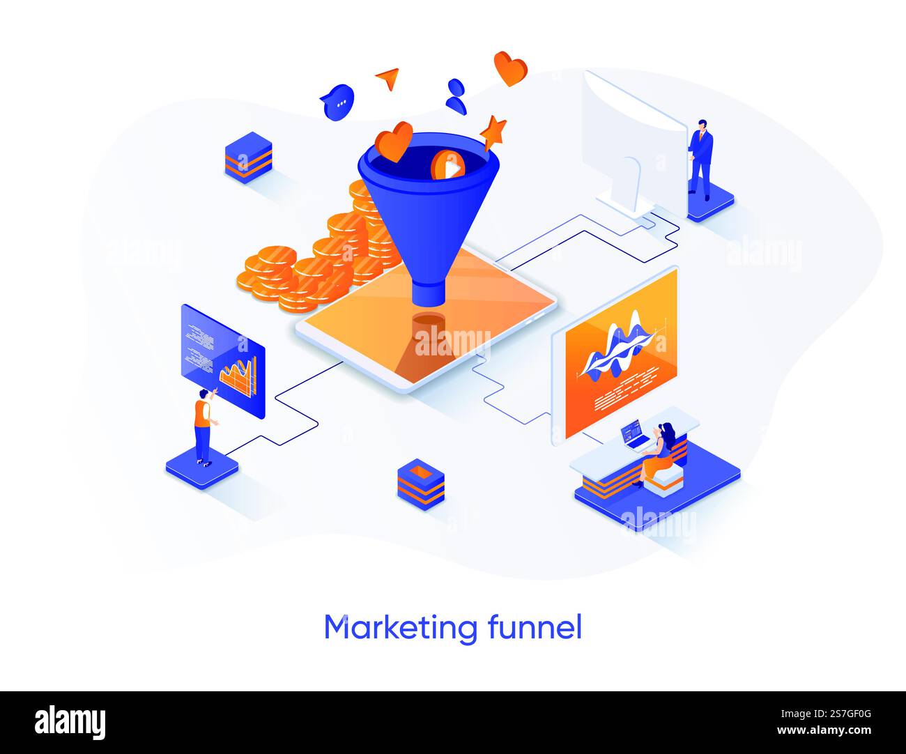 Banner Web isometrico per imbuto di marketing. Concetto di isometria per la ricerca di marketing e la pianificazione strategica. Attrazione dei potenziali clienti scenografie 3d, design piatto. Illustrazione vettoriale con caratteri persone. Illustrazione Vettoriale