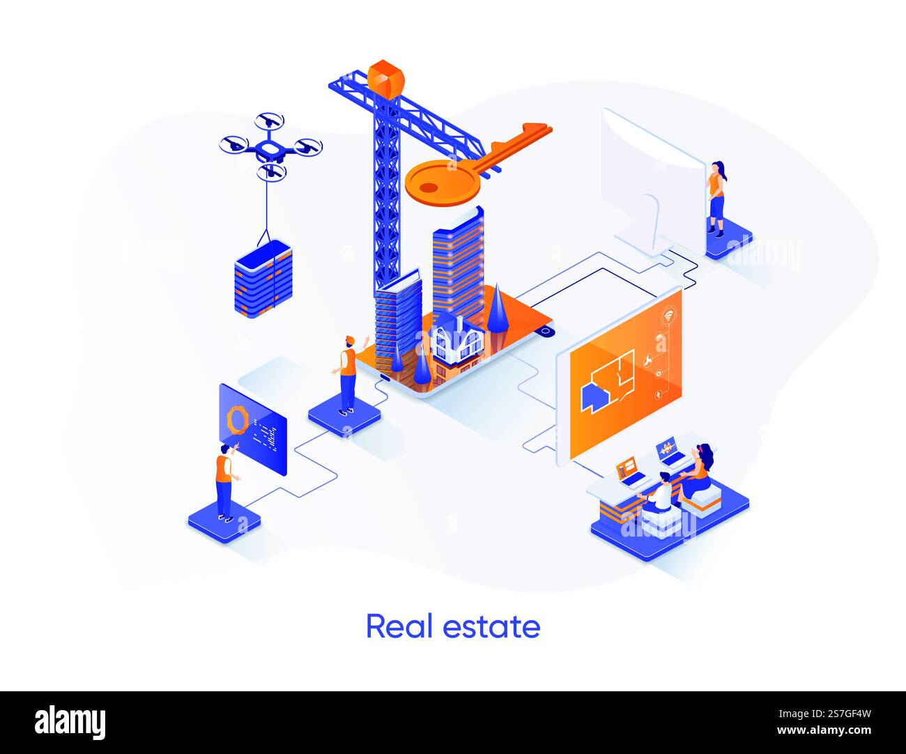 Banner Web isometrico immobiliare. Concetto di isometria di società di ingegneria e costruzioni. Agenzia immobiliare, sviluppo di edifici, progettazione di scenografie 3D. Illustrazione vettoriale con caratteri persone. Illustrazione Vettoriale