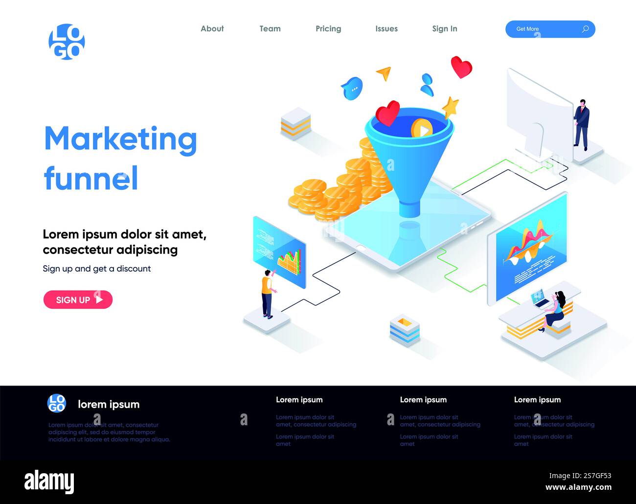 Landing page isometrica imbuto marketing. Ricerca di marketing e pianificazione strategica, pagina web sull'isometria dei nuovi clienti. Modello piatto del sito Web, illustrazione vettoriale con caratteri persone. Illustrazione Vettoriale