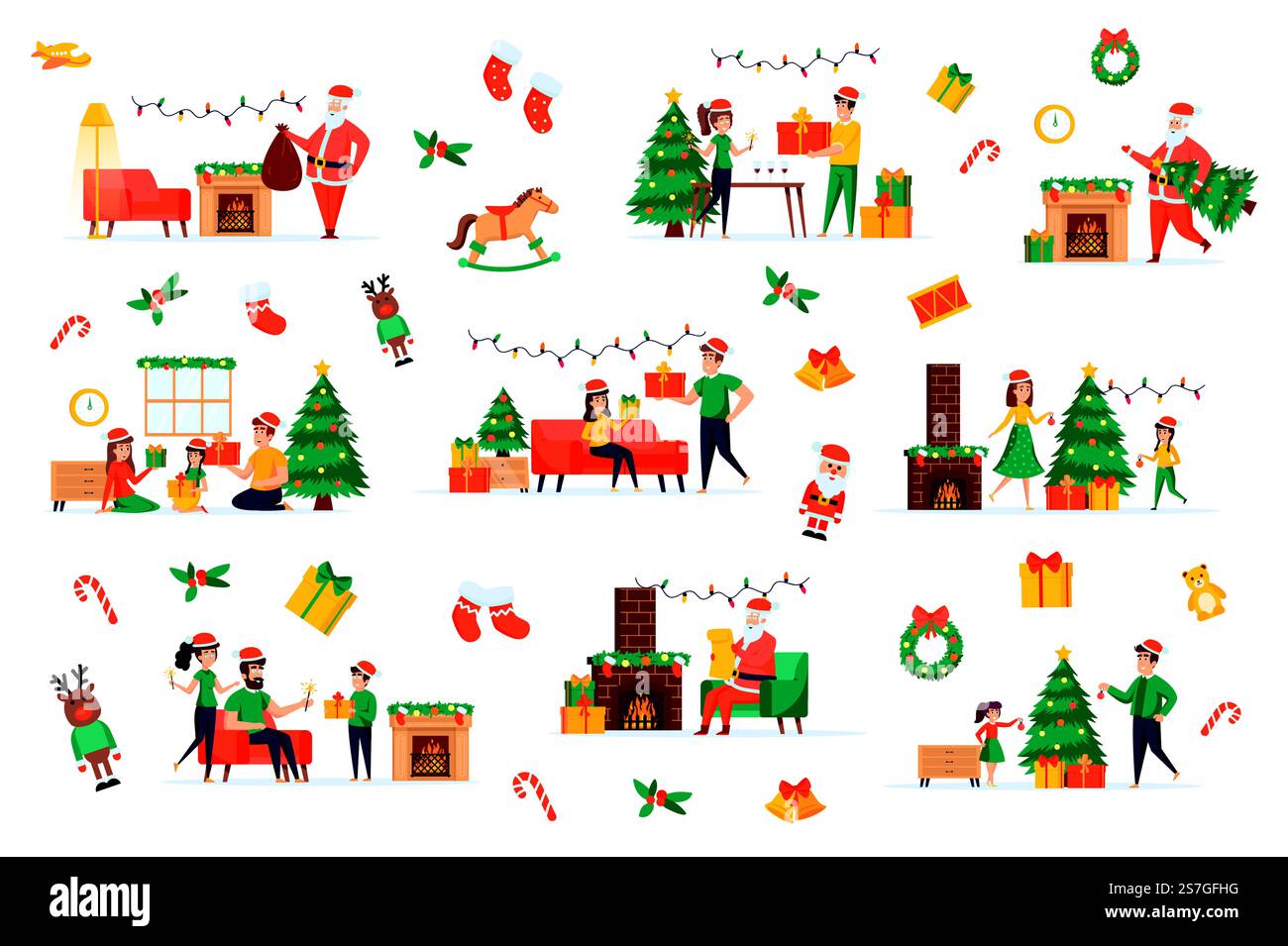Buon pacchetto natalizio di scene piatte. Buon set per feste natalizie. Albero di Natale decorato, regali, ghirlande, Babbo Natale ed elementi di caminetto. Illustrazione vettoriale dei cartoni animati per le feste di famiglia. Illustrazione Vettoriale
