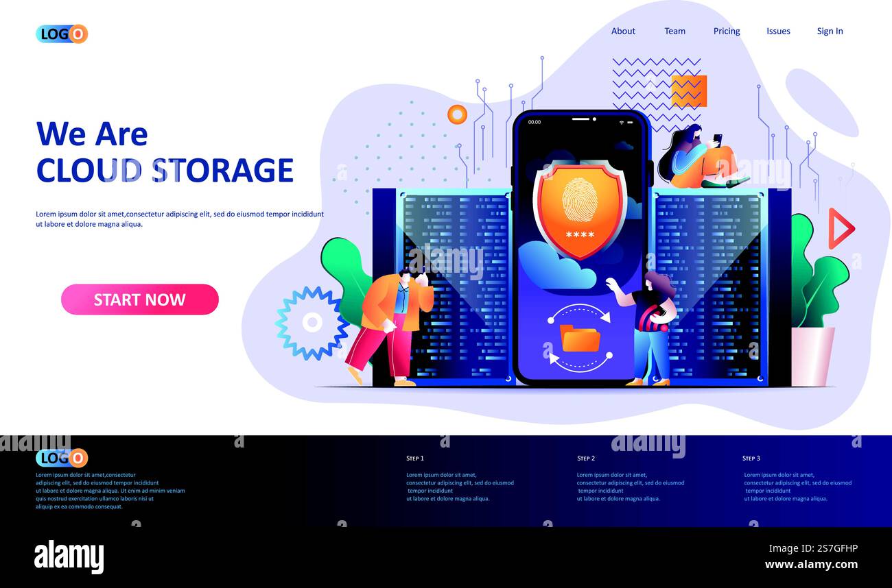 Modello di pagina di destinazione piatta dello storage cloud. App mobile per il backup dei dati, sicurezza e privacy delle informazioni, banner Web. Tecnologia di virtualizzazione, composizione 3d di database cloud. Illustrazione vettoriale della pagina Web. Illustrazione Vettoriale