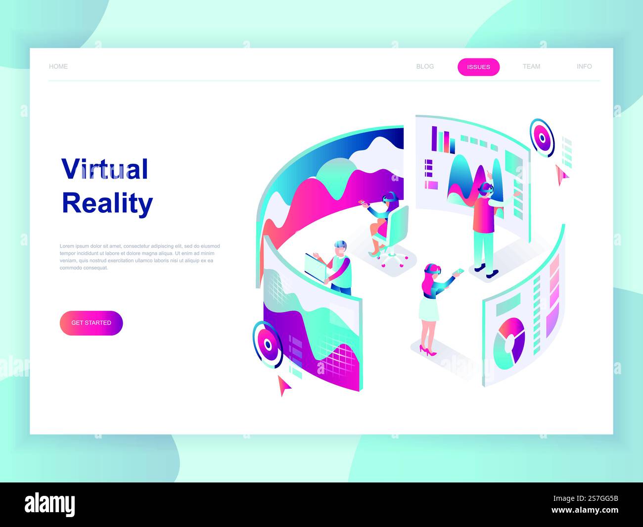Design moderno e piatto concetto isometrico di realtà aumentata virtuale per banner e siti Web. Modello di landing page isometrico. Persone che indossano un visore con interfaccia vr a sfioramento. Illustrazione vettoriale. Illustrazione Vettoriale
