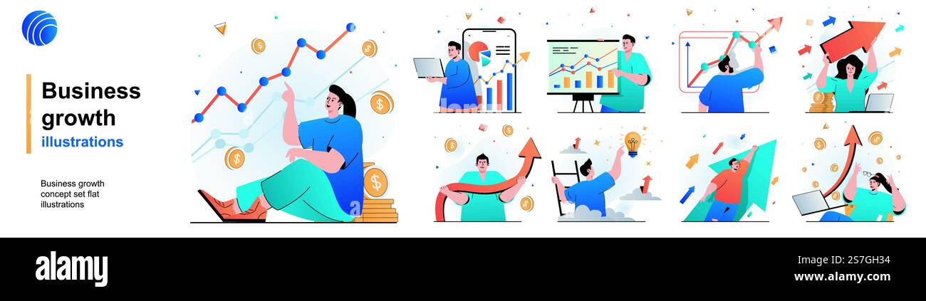 Insieme isolato per la crescita aziendale. Sviluppo di successo e crescita finanziaria. Collezione di scene dal design piatto. Illustrazione vettoriale per blog, sito Web, app mobile, materiali promozionali. Illustrazione Vettoriale