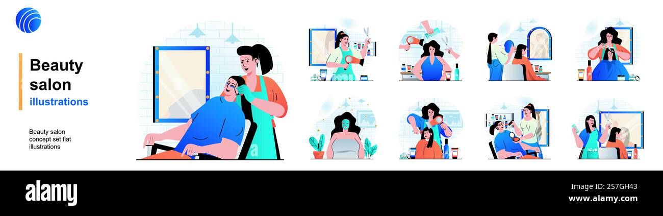 Set isolato per salone di bellezza. Il parrucchiere effettua tagli di capelli, acconciature o trucco. Collezione di scene dal design piatto. Illustrazione vettoriale per blog, sito Web, app mobile, materiali promozionali. Illustrazione Vettoriale