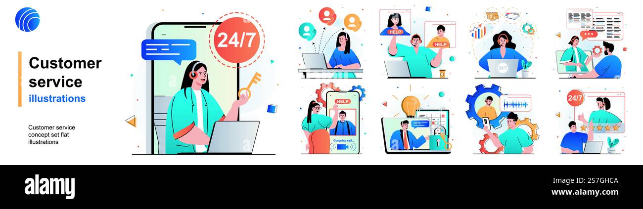Set isolato servizio clienti. Consulenza e supporto, numero verde del call center. Collezione di scene dal design piatto. Illustrazione vettoriale per blog, sito Web, app mobile, materiali promozionali. Illustrazione Vettoriale