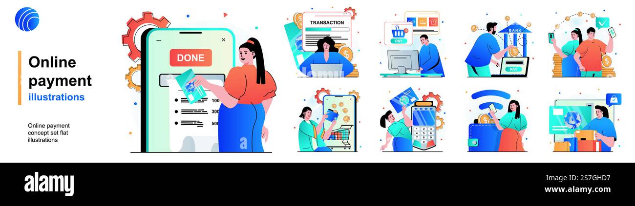 Set isolato per il pagamento online. Transazioni bancarie tramite app o computer. Collezione di scene dal design piatto. Illustrazione vettoriale per blog, sito Web, app mobile, materiali promozionali. Illustrazione Vettoriale