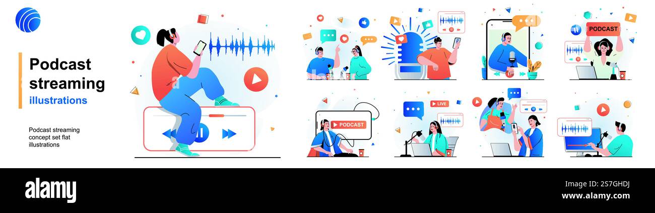 Set isolato per streaming podcast. Trasmissione o registrazione online di interviste. Collezione di scene dal design piatto. Illustrazione vettoriale per blog, sito Web, app mobile, materiali promozionali. Illustrazione Vettoriale