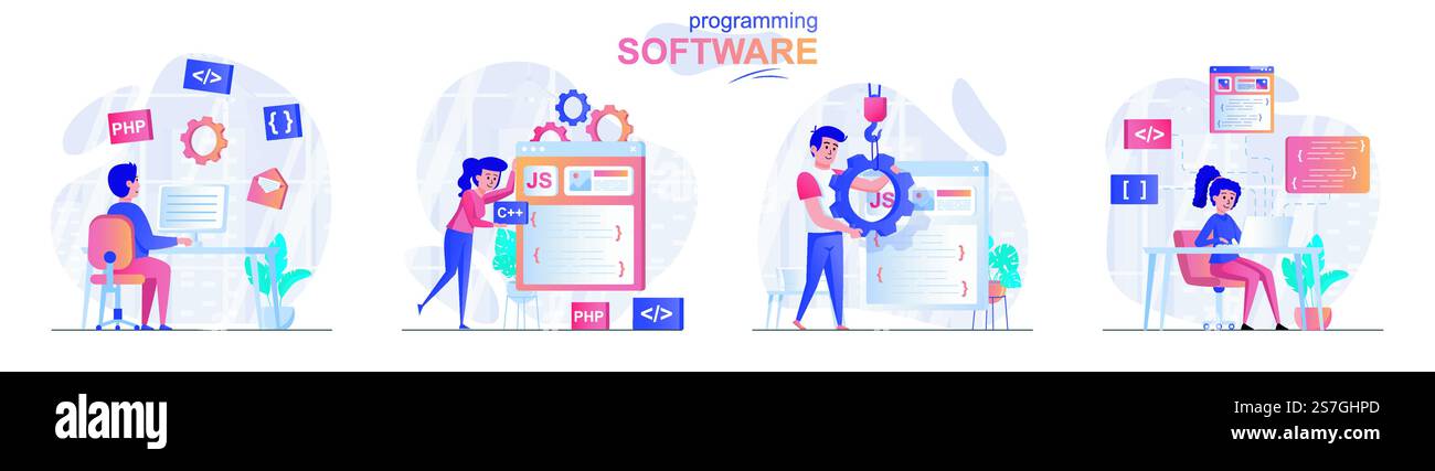 Set di scenari concettuali del software di programmazione. Gli sviluppatori creano software, linguaggi di programmazione diversi, testano il prodotto. Raccolta di persone attività. Illustrazione vettoriale dei caratteri in un design piatto Illustrazione Vettoriale