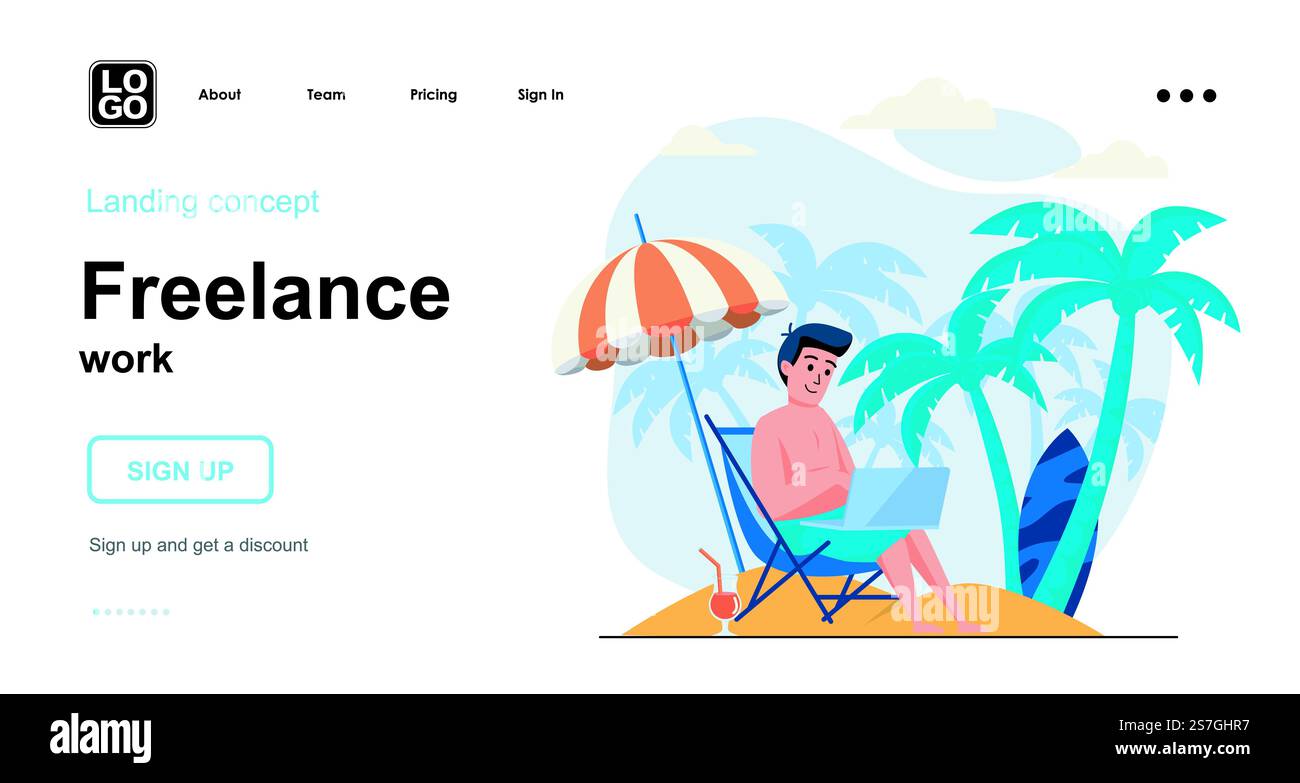 Concetto Web di lavoro freelance. Uomo che lavora con un notebook del resort marino, libero professionista che si rilassa in spiaggia. Modello di scene di persone. Illustrazione vettoriale con attività di carattere in design piatto per il sito Web Illustrazione Vettoriale