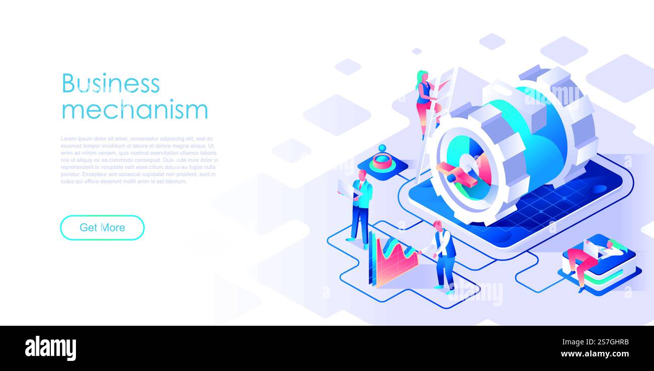 Modello vettoriale isometrico per landing page del meccanismo aziendale. Gestione del flusso di lavoro, pagina iniziale del sito Web di sviluppo layout dell'illustrazione dell'interfaccia utente. Supporto tecnico, manutenzione del concetto di isometria dei banner Web. Modello vettoriale isometrico per landing page del meccanismo aziendale Illustrazione Vettoriale