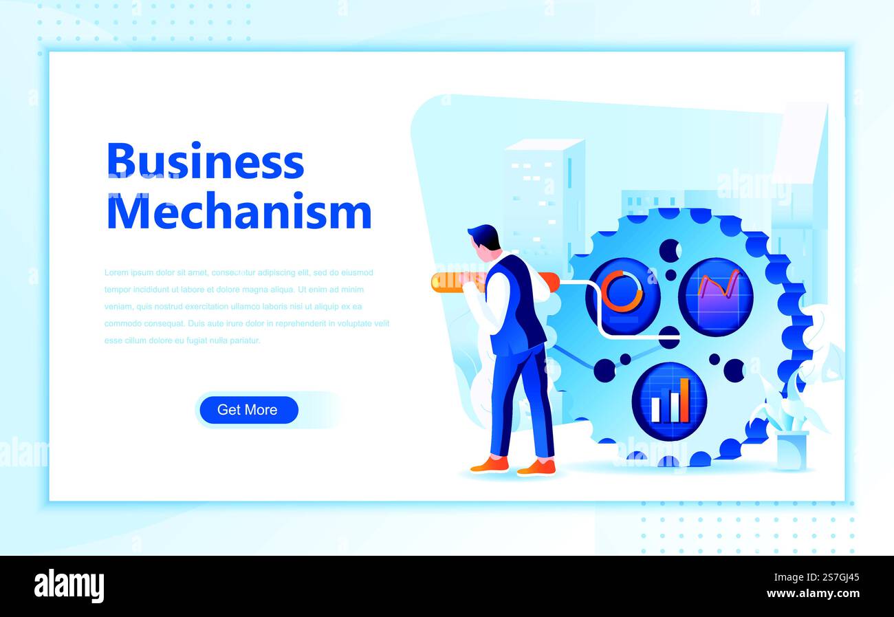 Meccanismo aziendale modello di progettazione di pagine Web piatte di immagini di homepage o intestazione decorato le persone per lo sviluppo di siti Web e siti Web mobili. Modello di landing page piatto. Illustrazione vettoriale. Illustrazione Vettoriale