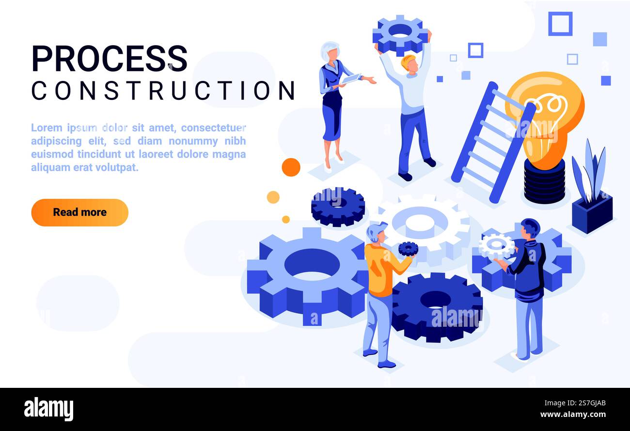 Modello vettoriale della pagina di destinazione della costruzione del processo con illustrazione isometrica. Brainstorming e layout dell'interfaccia della home page di generazione di idee con isometria. Progettazione di pagine Web 3d per la creazione di team Illustrazione Vettoriale