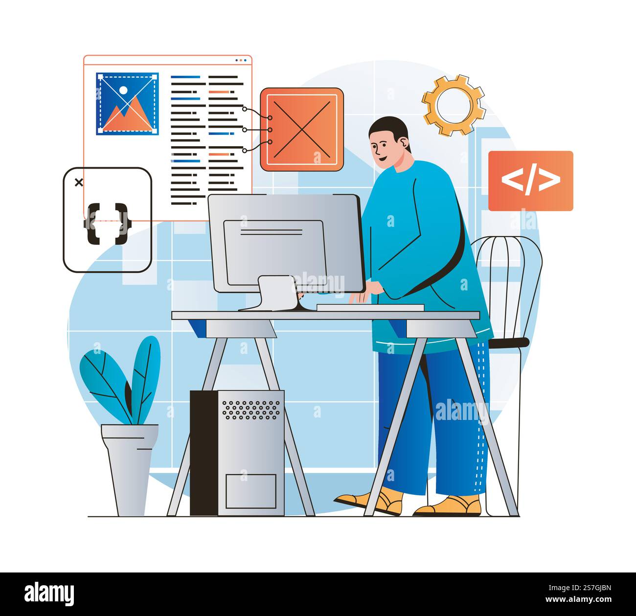 Programmazione del concetto di lavoro in un moderno design piatto. Programmi per sviluppatori in diverse lingue, crea software, lavorando al computer in ufficio. Ottimizzazione e test dello sviluppo. Illustrazione vettoriale Illustrazione Vettoriale