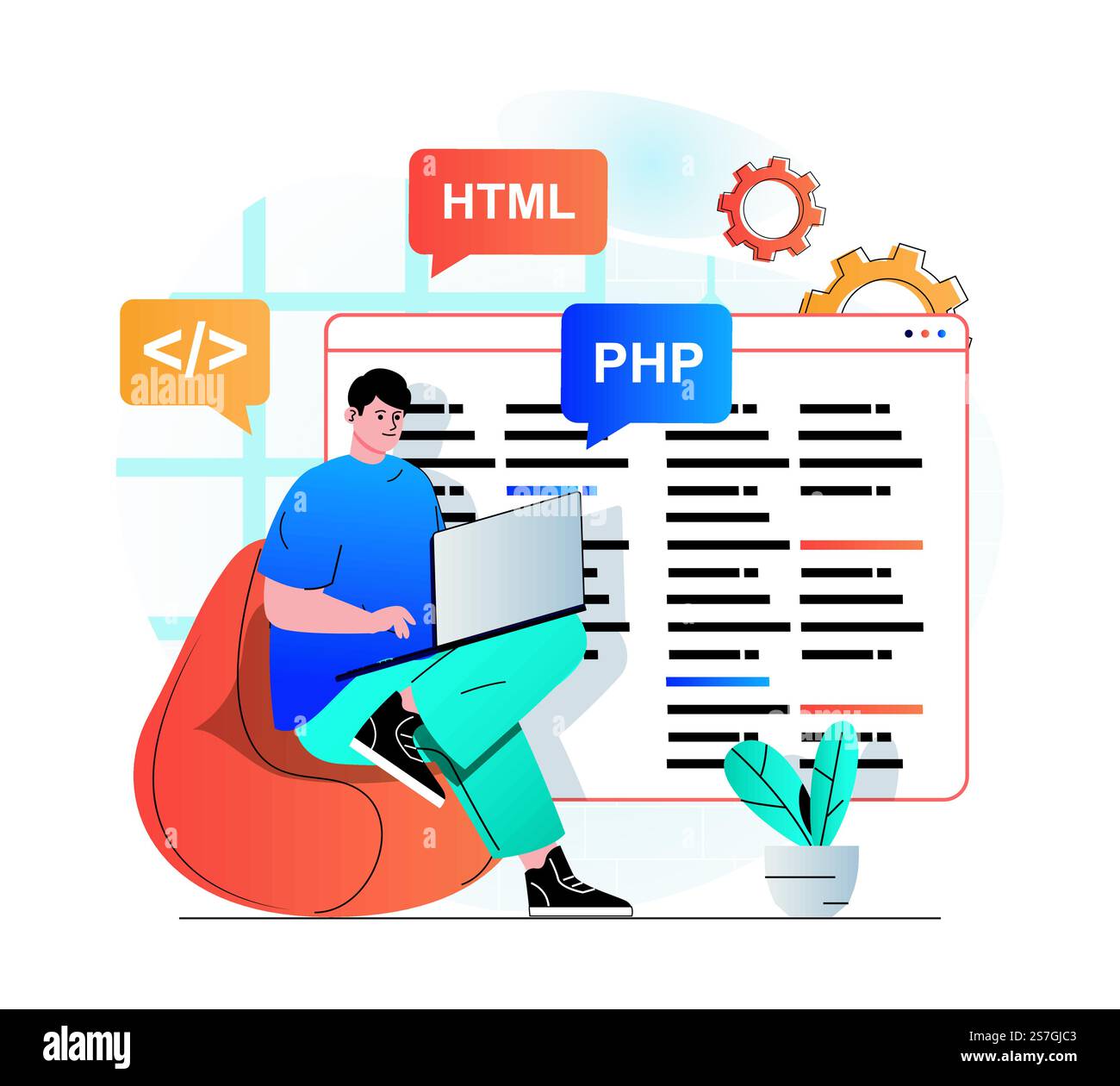 Programmazione del concetto di lavoro in un moderno design piatto. Programmi per sviluppatori in linguaggio html e php, crea software, lavorando su computer portatili. Sviluppo, ottimizzazione e test di app. Illustrazione vettoriale Illustrazione Vettoriale