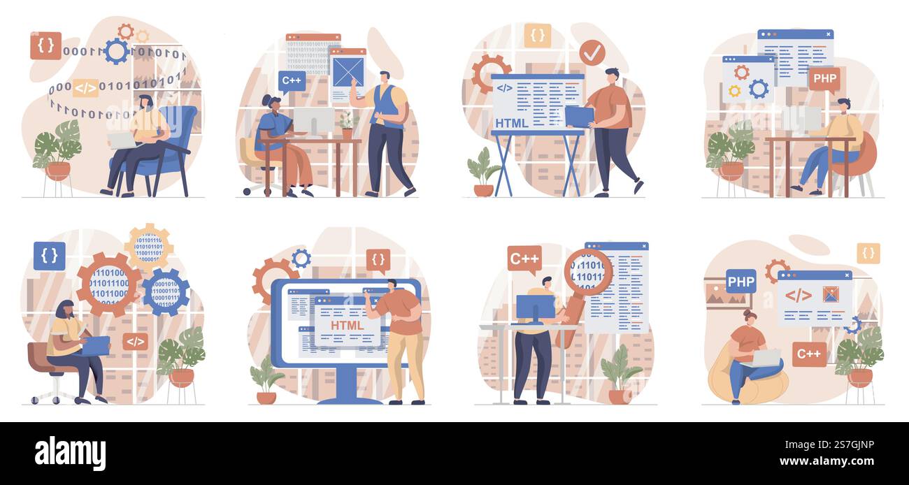 Programmatore che lavora insieme di scene isolate. Le persone creano programmi, configurano e testano software, impostati in una progettazione piatta. Illustrazione vettoriale per blog, sito Web, app mobile, materiali promozionali. Illustrazione Vettoriale