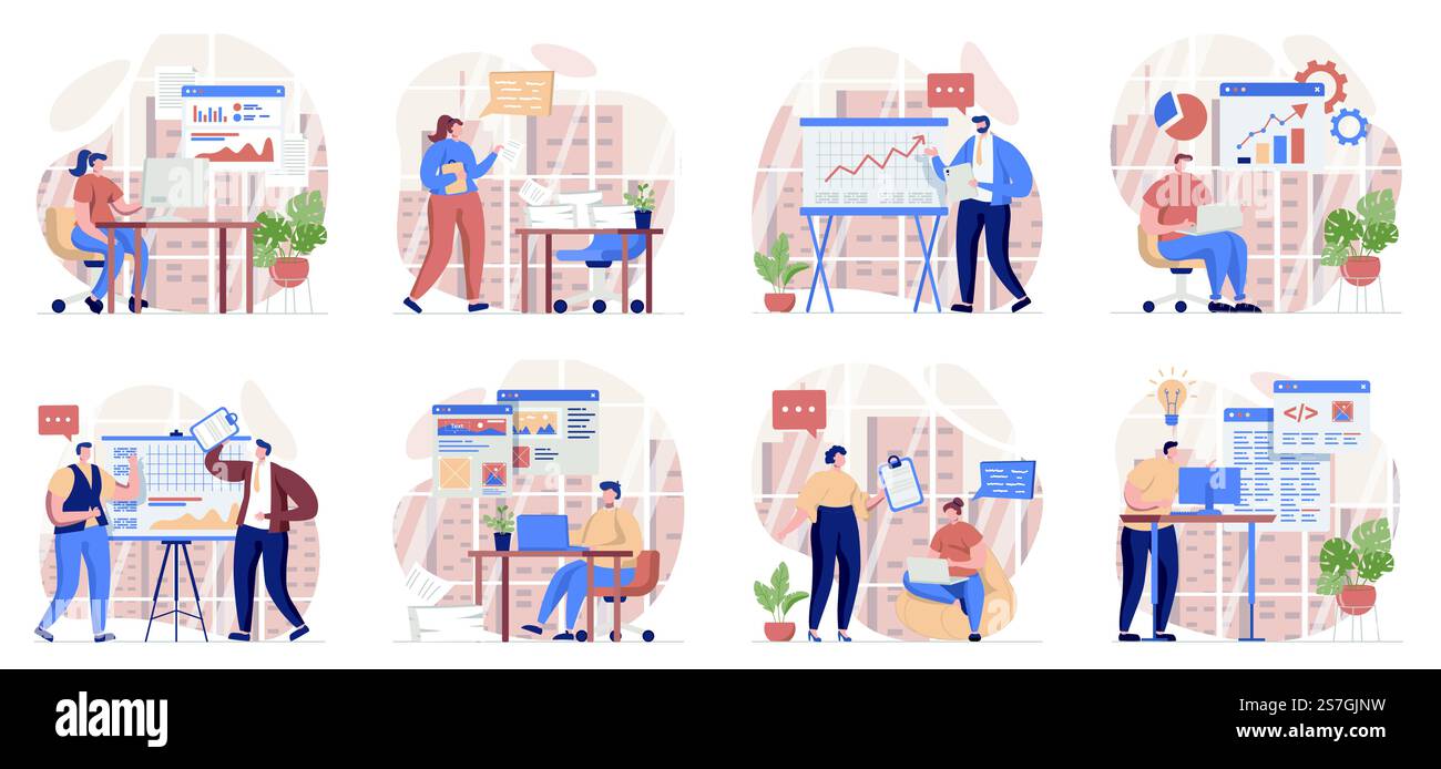 Raccolta di scene isolate per lavoro d'ufficio. Le persone creano presentazioni, brainstorming, completano le attività, impostano un design piatto. Illustrazione vettoriale per blog, sito Web, app mobile, materiali promozionali. Illustrazione Vettoriale