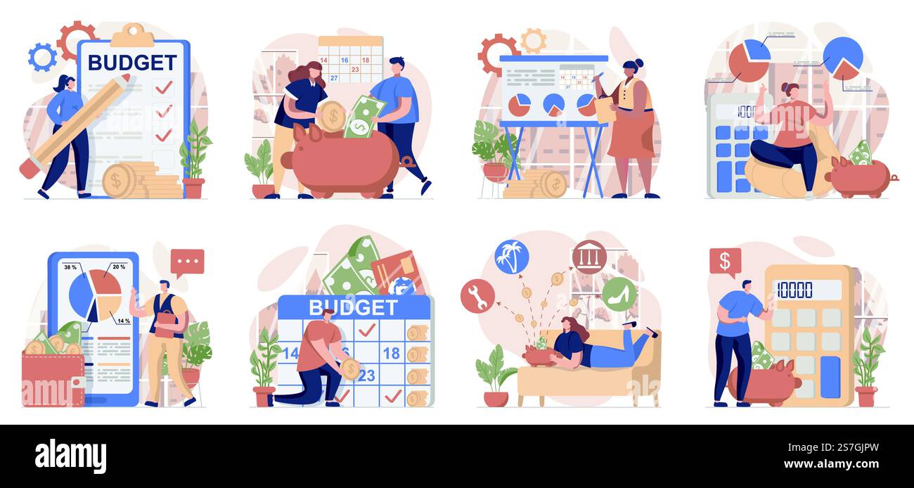 Pianificazione della raccolta di budget finanziari di scene isolate. Le persone mantengono la contabilità, la gestione finanziaria, impostando un design piatto. Illustrazione vettoriale per blog, sito Web, app mobile, materiali promozionali. Illustrazione Vettoriale
