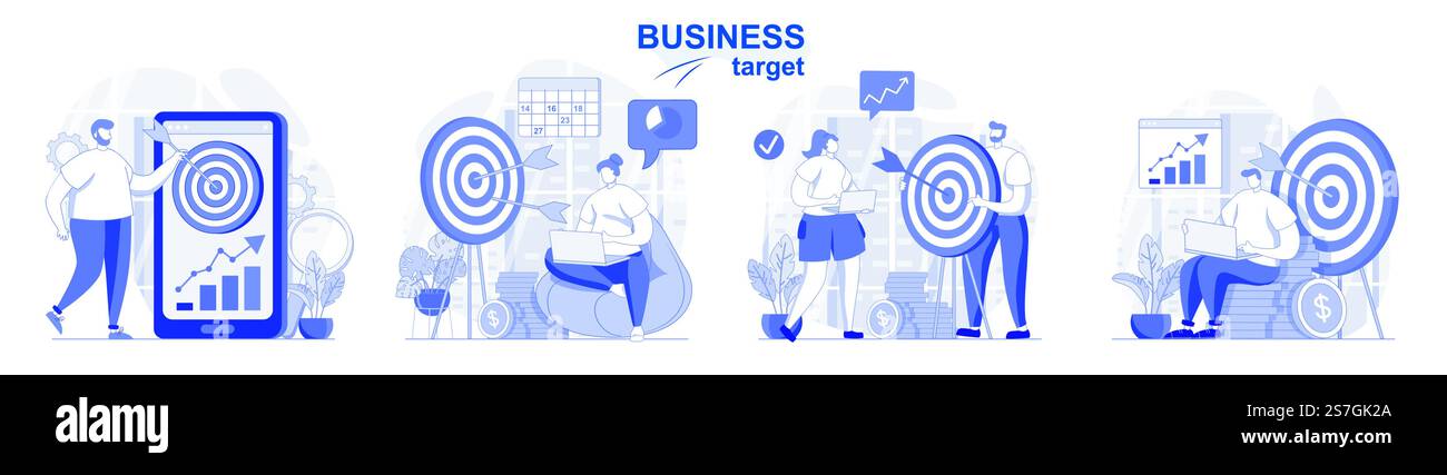 Target aziendale isolato con design piatto. Obiettivi di raggiungimento delle persone, sviluppare una raccolta di scene sulla strategia di successo. Illustrazione vettoriale per blog, sito Web, app mobile, materiali promozionali. Illustrazione Vettoriale