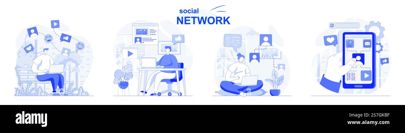 Set isolato di social network in un design piatto. Persone che chattano con gli amici, sfogliano, pubblicano foto, raccolte di scene. Illustrazione vettoriale per blog, sito Web, app mobile, materiali promozionali. Illustrazione Vettoriale