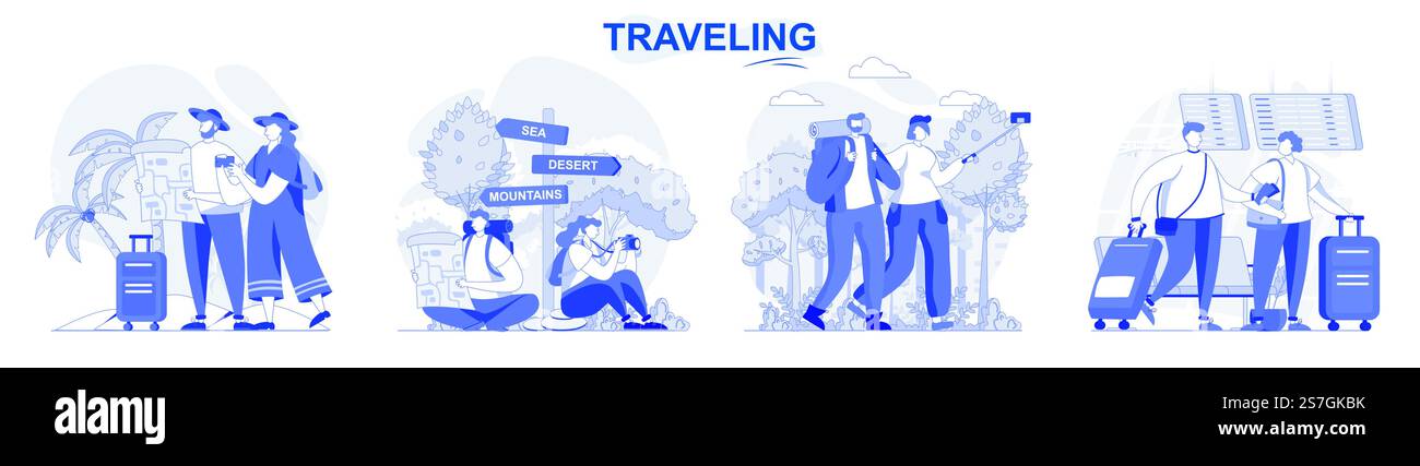Set mobile isolato con design piatto. Le persone vanno in vacanza insieme, viaggiano ed escursioni estive, insieme di scene. Illustrazione vettoriale per blog, sito Web, app mobile, materiali promozionali. Illustrazione Vettoriale
