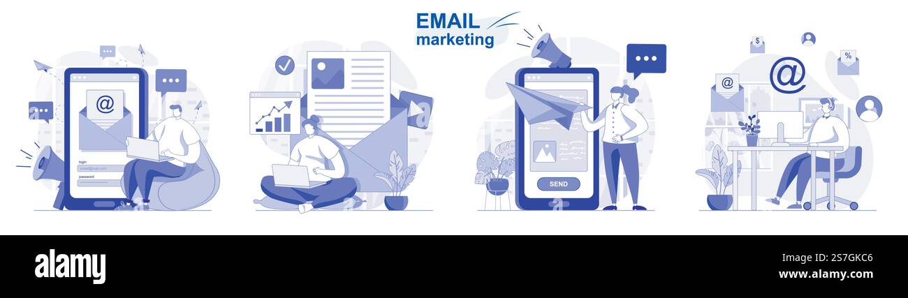 Set isolato per l'e-mail marketing con design piatto. Le persone inviano mailing pubblicitari, promozioni commerciali, raccolte di scene. Illustrazione vettoriale per blog, sito Web, app mobile, materiali promozionali. Illustrazione Vettoriale