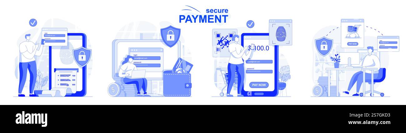 Set isolato di pagamento sicuro con design piatto. Le persone fanno transazioni finanziarie sicure, online banking, raccolta di scene. Illustrazione vettoriale per blog, sito Web, app mobile, materiali promozionali. Illustrazione Vettoriale