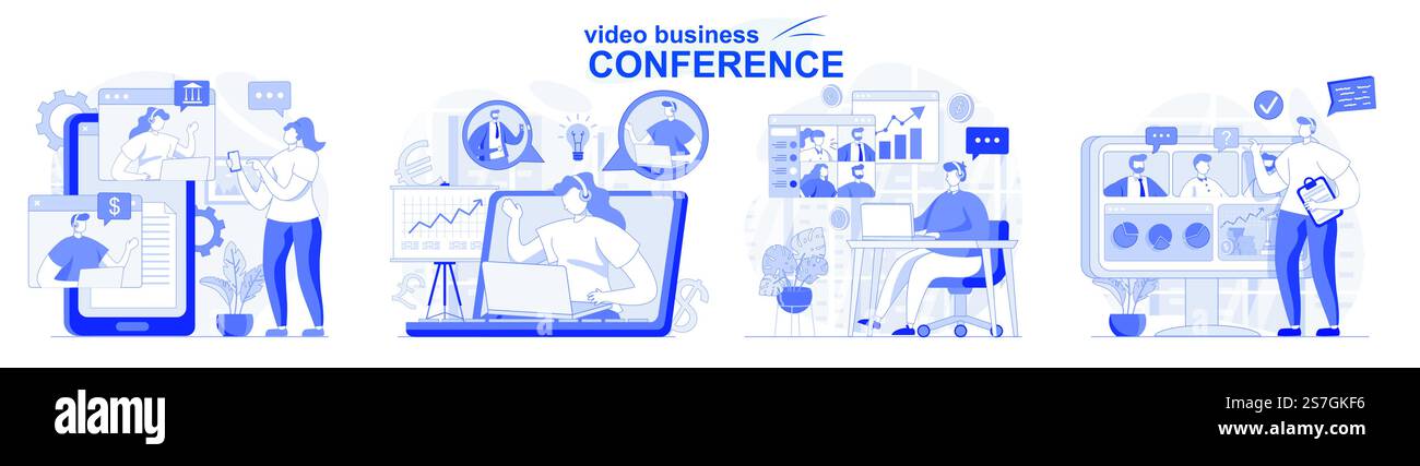 Set isolato per videoconferenze aziendali dal design piatto. Le persone discutono le attività con i colleghi online, raccolta di scene. Illustrazione vettoriale per blog, sito Web, app mobile, materiali promozionali. Illustrazione Vettoriale