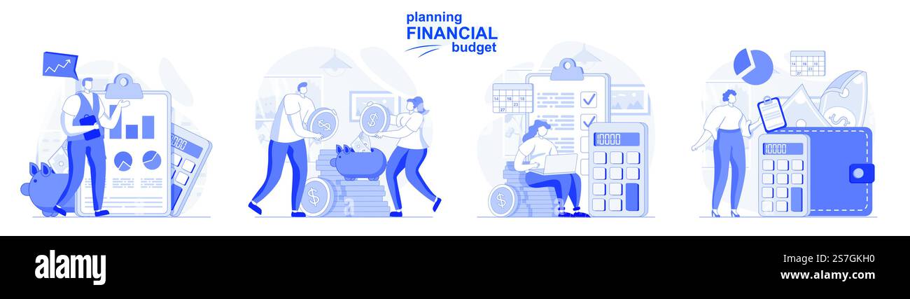 Pianificazione del budget finanziario isolato in un design piatto. Le persone fanno analisi contabili, contabilità, raccolta di scene. Illustrazione vettoriale per blog, sito Web, app mobile, materiali promozionali. Illustrazione Vettoriale