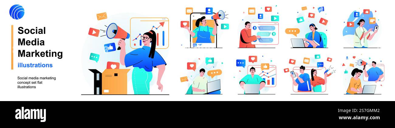 Set isolato di social media marketing. Promozione online, comunicazione aziendale. Collezione di scene dal design piatto. Illustrazione vettoriale per blog, sito Web, app mobile, materiali promozionali. Illustrazione Vettoriale