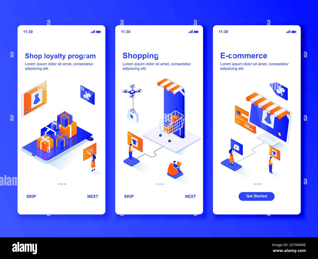 Kit di progettazione GUI isometrica per lo shopping online. Acquista programmi fedeltà, modelli di e-commerce per app mobili. Schermate di inserimento UX dell'interfaccia utente del servizio clienti. Illustrazione vettoriale con caratteri minuscoli.. Kit di progettazione GUI isometrica per lo shopping online. Illustrazione Vettoriale