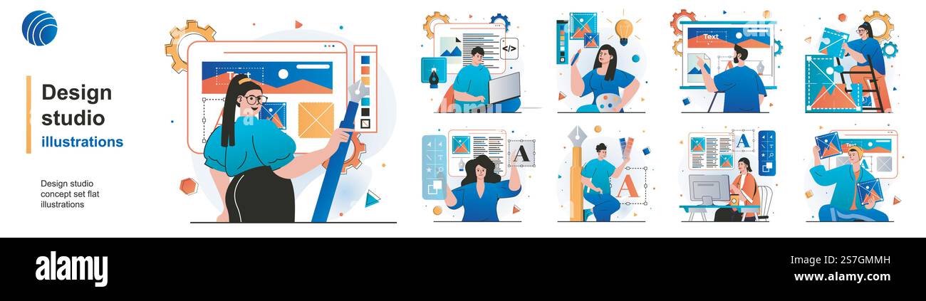Set isolato per studio di progettazione. I progettisti creano contenuti ed elementi grafici. Collezione di scene dal design piatto. Illustrazione vettoriale per blog, sito Web, app mobile, materiali promozionali. Illustrazione Vettoriale