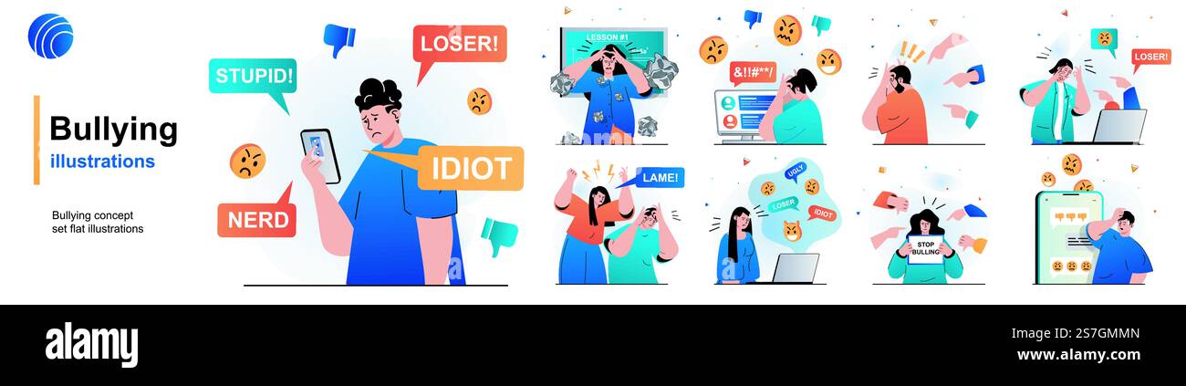 Un set isolato da bullismo. Abusi a scuola, al lavoro o su Internet, comunicazioni tossiche. Collezione di scene dal design piatto. Illustrazione vettoriale per blog, sito Web, app mobile, materiali promozionali. Illustrazione Vettoriale