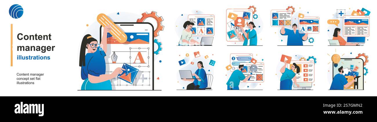 Set isolato di gestione dei contenuti. Riempire il sito con immagini ed elementi grafici. Collezione di scene dal design piatto. Illustrazione vettoriale per blog, sito Web, app mobile, materiali promozionali. Illustrazione Vettoriale