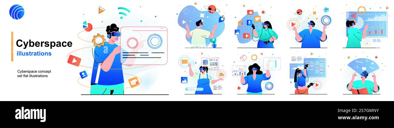 Set isolato ciberspazio. Tecnologia per la realtà virtuale, gaming e istruzione. Collezione di scene dal design piatto. Illustrazione vettoriale per blog, sito Web, app mobile, materiali promozionali. Illustrazione Vettoriale