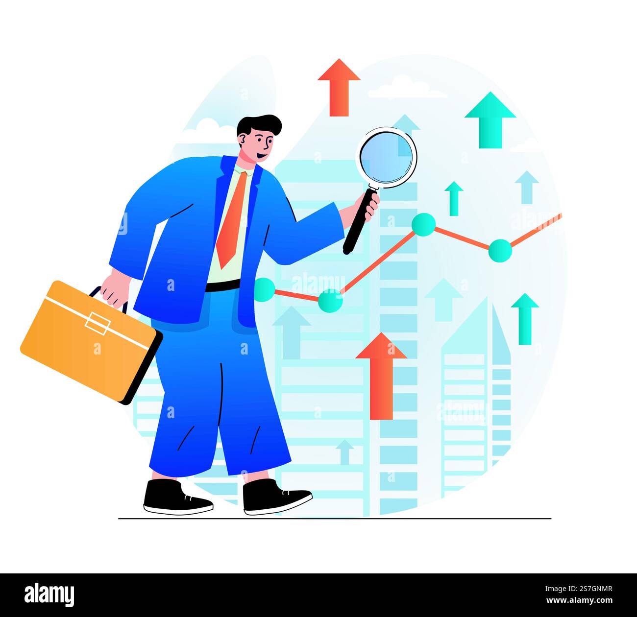 Ricerca del concetto di opportunità in un moderno design piatto. L'uomo d'affari con valigetta è alla ricerca di nuovi progetti commerciali redditizi. Strategia, leadership e investimenti di successo. Illustrazione vettoriale Illustrazione Vettoriale