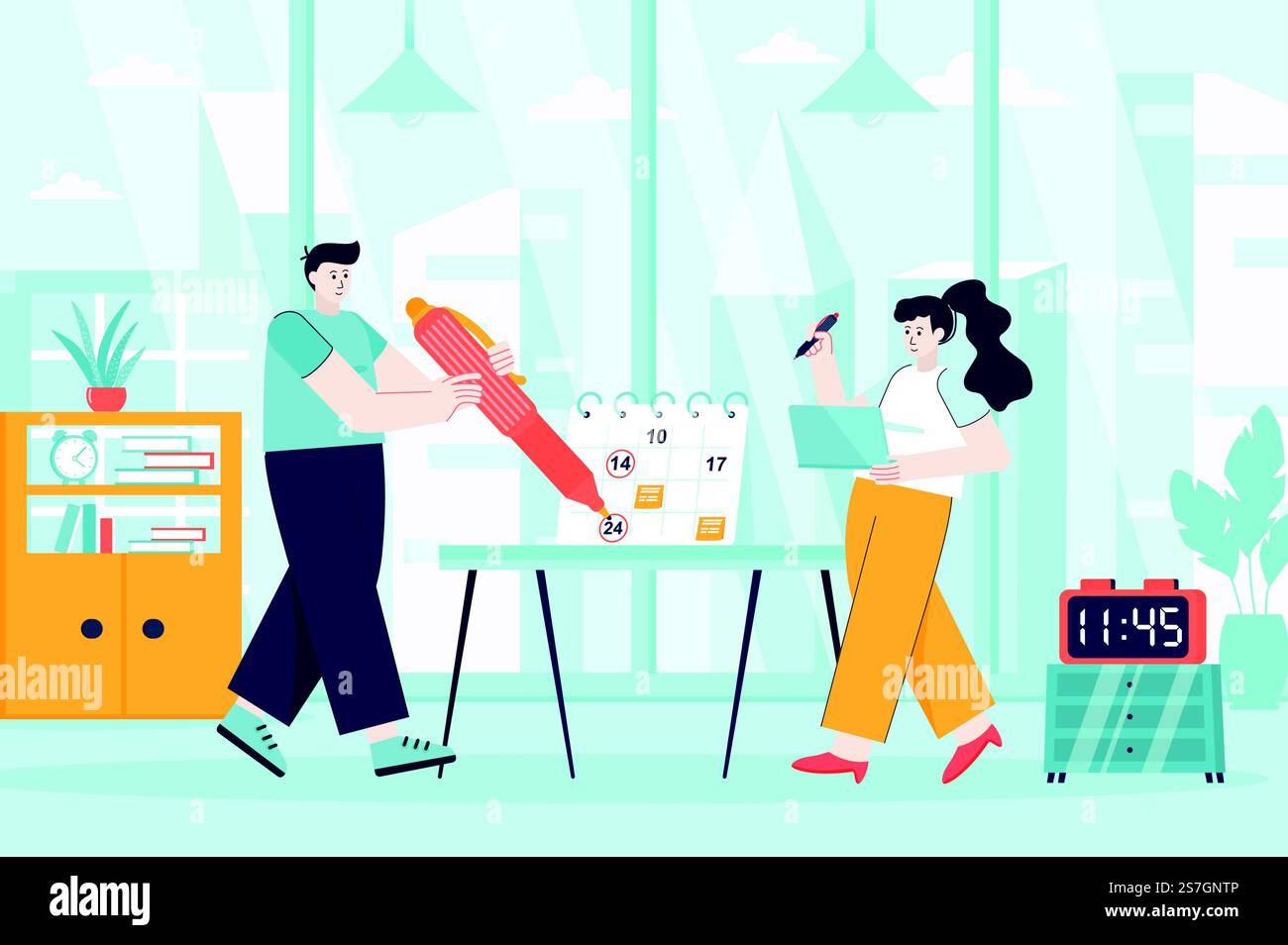 Concetto di pianificazione in design piatto. Scena di gestione del tempo. Uomo e donna segnano date importanti su calendario, piani, produttività, scadenza del lavoro. Illustrazione vettoriale dei caratteri delle persone per la landing page Illustrazione Vettoriale
