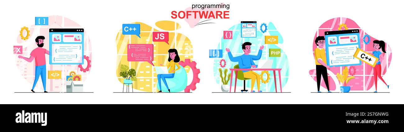 Set di scenari concettuali del software di programmazione. Gli sviluppatori codificano in diversi linguaggi di programmazione, creano un'interfaccia app. Raccolta di persone attività. Illustrazione vettoriale dei caratteri in un design piatto Illustrazione Vettoriale