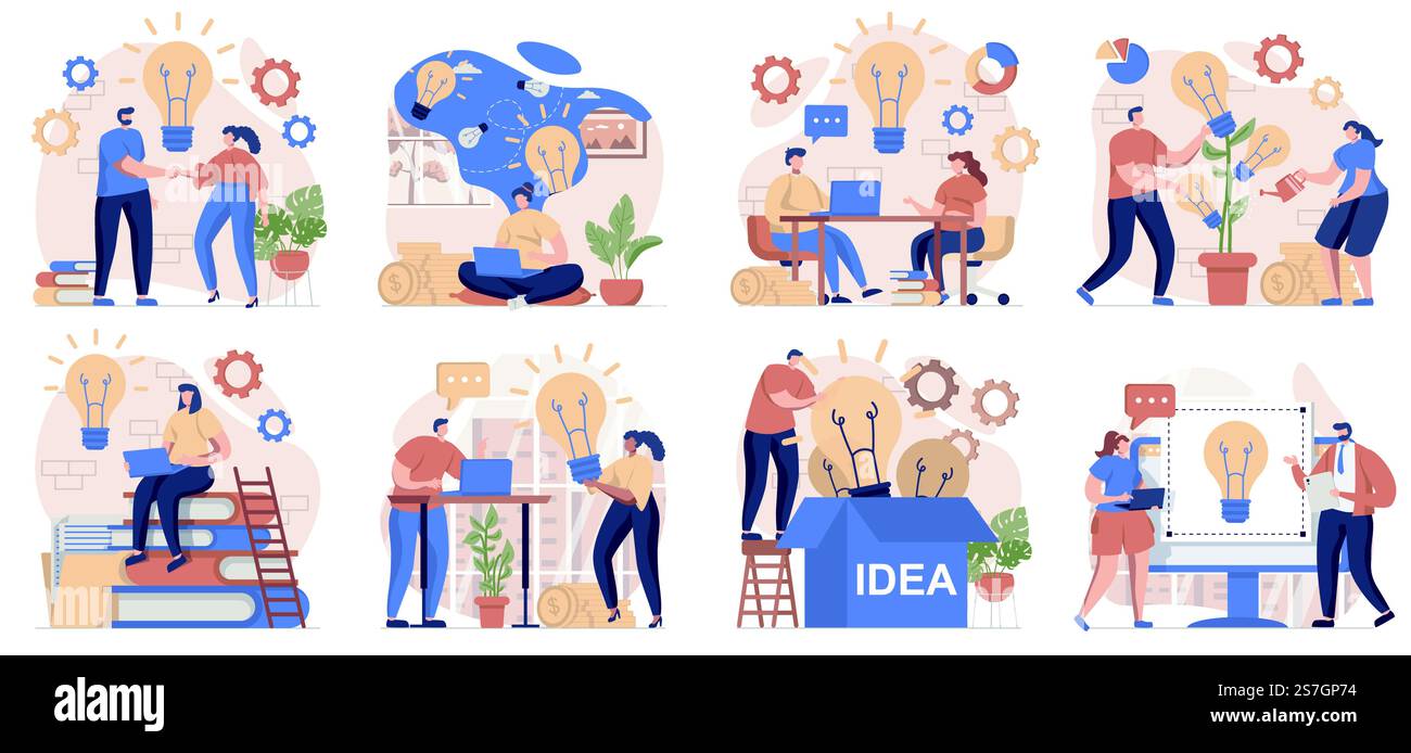 Raccolta di scene isolate di idee aziendali. Persone che fanno brainstorming, generano idee e innovazioni, ambientate nel design piatto. Illustrazione vettoriale per blog, sito Web, app mobile, materiali promozionali. Illustrazione Vettoriale