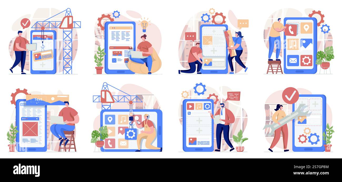 Raccolta di scene isolate per lo sviluppo di app. Le persone creano layout dell'interfaccia utente e ottimizzano i programmi impostati in design piatto. Illustrazione vettoriale per blog, sito Web, app mobile, materiali promozionali. Illustrazione Vettoriale