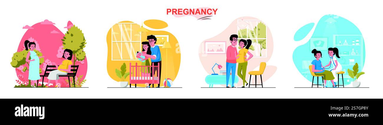 Set di scene di gravidanza. Donna incinta incontra un amico, passa del tempo con il marito, lo screening medico, il neonato. Raccolta di persone attività. Illustrazione vettoriale dei caratteri in un design piatto Illustrazione Vettoriale