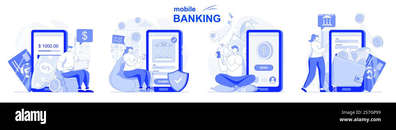 Set isolato per il mobile banking con design piatto. Le persone effettuano transazioni finanziarie utilizzando l'applicazione, la raccolta di scene. Illustrazione vettoriale per blog, sito Web, app mobile, materiali promozionali. Illustrazione Vettoriale